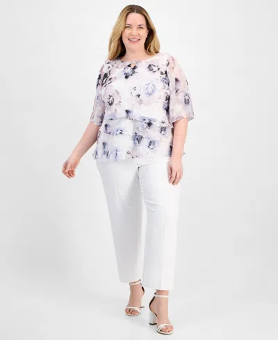 Alex Evenings Plus Size Tiered Floral Chiffon Top In Ivory Multi