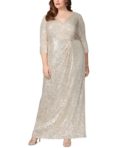 Alex Evenings Plus Size V-neck 3/4-sleeve Sequin Gown In Taupe