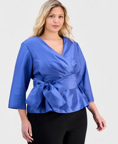 Alex Evenings Plus Size V-neck 3/4-sleeve Taffeta Top In Blue
