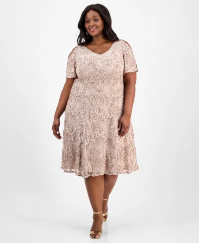 Alex Evenings Plus Size V-neck A-line Sequin Dress In Buff