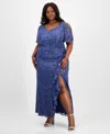 Alex Evenings Plus Size V-neck Ruffle-trim-slit Sequin Dress In Wedgewood