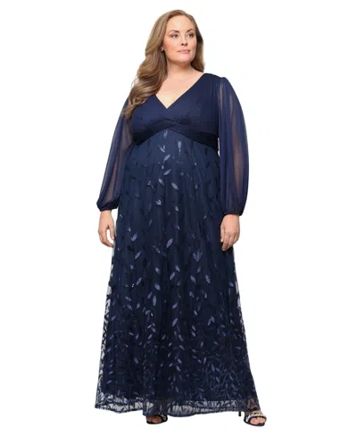 Alex Evenings Plus Size V-neck Embroidered Ball Gown In Blue