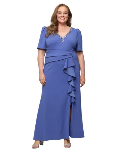 Alex Evenings Plus Size V-neck Short-sleeve Ball Gown In Blue