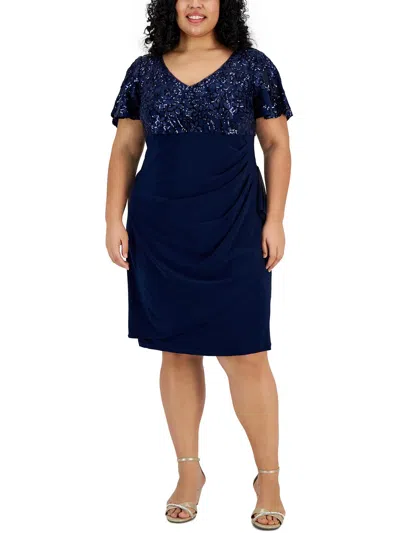 Alex Evenings Plus Womens Sequined Knee-length Cocktail And Party Dress In Blue