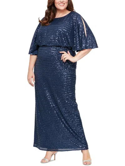 Alex Evenings Plus Womens Sequined Mesh Evening Dress In Blue