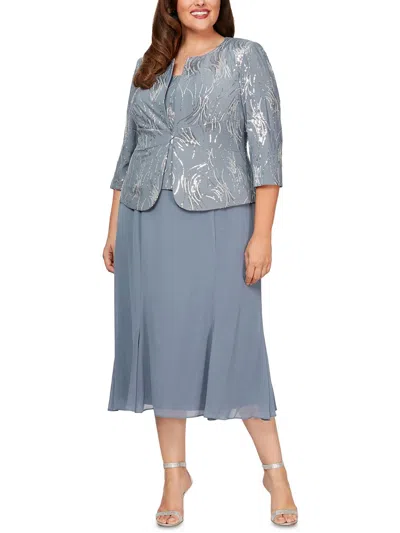 Alex Evenings Plus Womens Sequined Polyester Two Piece Dress In Steel Blue