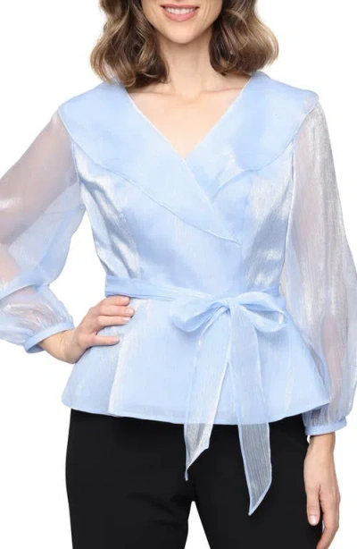 Alex Evenings Portrait Collar Shimmer Wrap Top In Blue