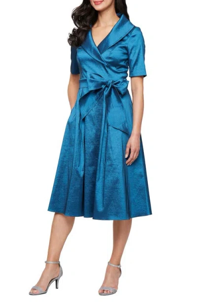 Alex Evenings Portrait Collar Stretch Taffeta Cocktail Dress In Blue