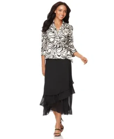 Alex Evenings Printed Blouse Tiered Chiffon Midi Skirt In Black