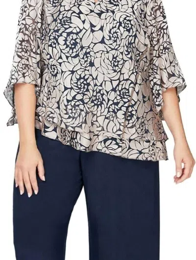 Alex Evenings Printed Blouse With Asymmetric Tiered Hem In Navy/white In Gray