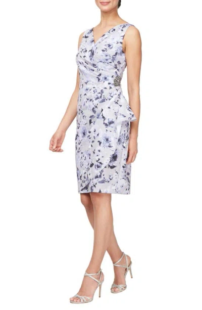 Alex Evenings Printed Side Pleat Sleeveless Sheath Dress In Silver Multi