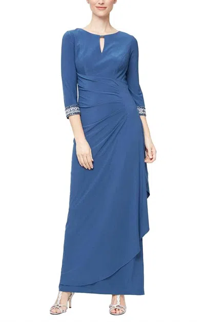 Alex Evenings Quarter Sleeved Long Dress In Wedgewood In Blue