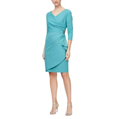 Alex Evenings Quarter Sleeves Surplice Bodice Sheath Dress In Teal In Blue