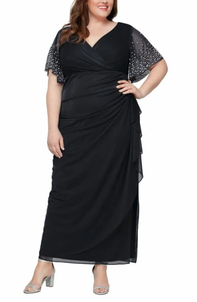 Alex Evenings Rhinestone Sleeve Chiffon Gown In Black