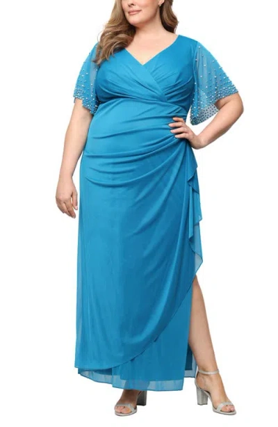 Alex Evenings Plus Size Embellished-sleeve Draped Chiffon Gown In Multi