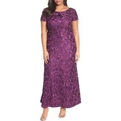 Alex Evenings Rosette Lace Short Sleeve A-line Gown In Purple