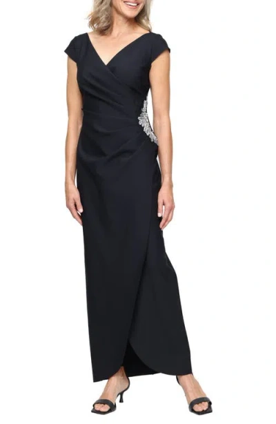 Alex Evenings Ruched Beaded Gown In Black