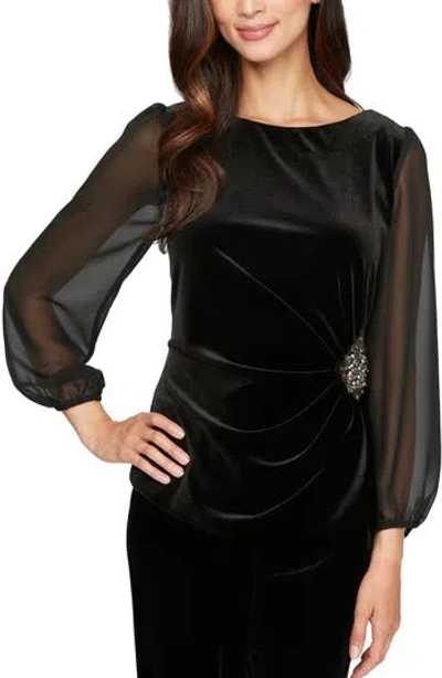 Alex Evenings Ruched Sheer Sleeve Velvet Top In Black