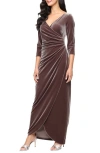 Alex Evenings Ruched Three-quarter Sleeve Velvet Gown In Brown