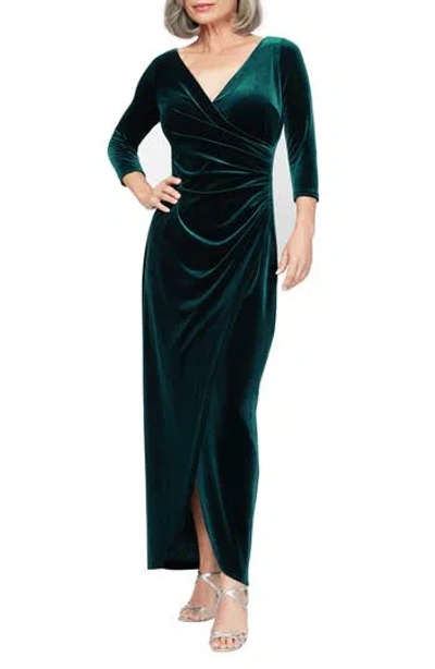 Alex Evenings Ruched Three-quarter Sleeve Velvet Gown In Green
