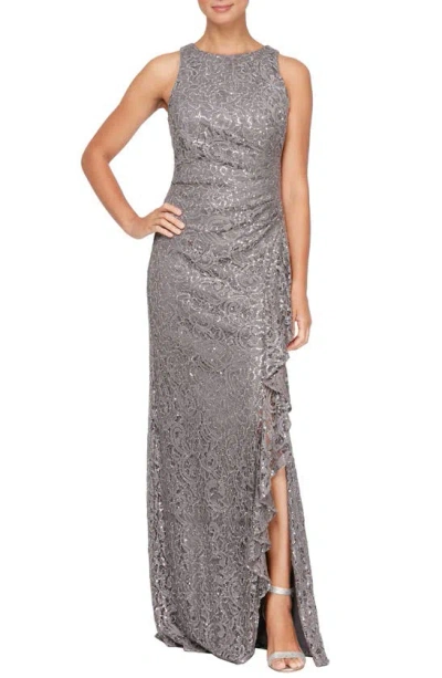Alex Evenings Ruffle Sequin Lace Gown In Charcoal