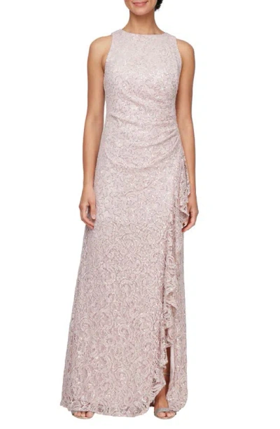 Alex Evenings Ruffle Sequin Lace Gown In Shell Pink
