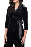 Alex Evenings Satin Frill Velvet Wrap Top In Black