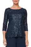 ALEX EVENINGS SEQUIN 3/4 SLEEVE BLOUSE WITH SIDE SLIT DETAIL IN NAVY