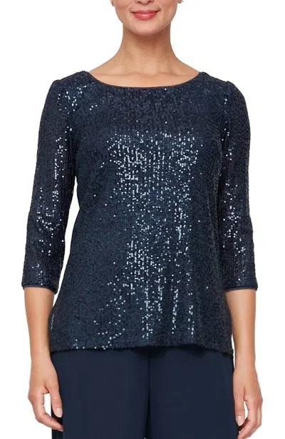 Alex Evenings Sequin 3/4 Sleeve Blouse With Side Slit Detail In Navy In Blue