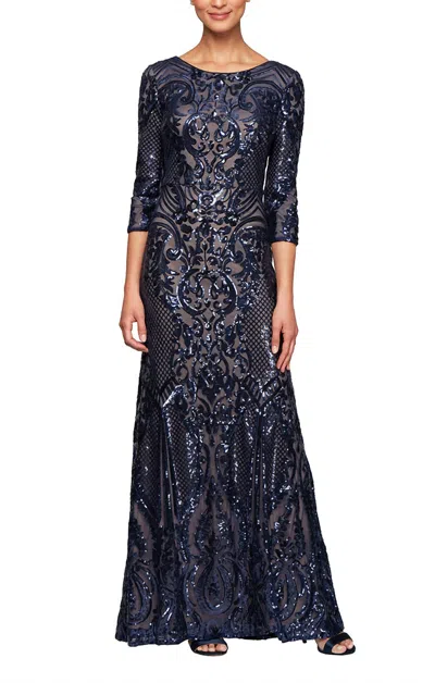 Alex Evenings Sequin 3/4 Sleeve Mermaid Dress In Navy In Blue