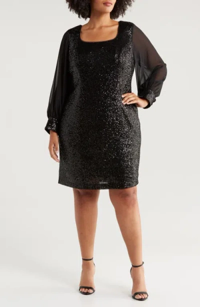 Alex Evenings Sequin & Chiffon Long Sleeve Cocktail Dress In Black
