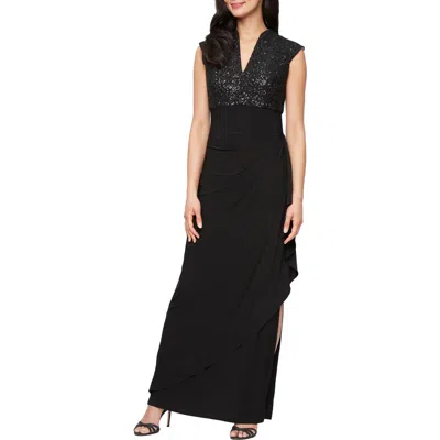 Alex Evenings Sequin Corded Lace Bodice Empire Waist Gown In Black