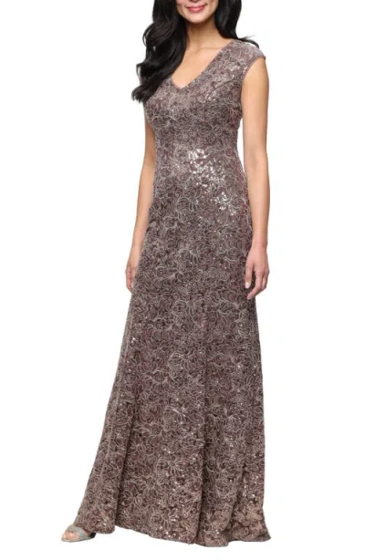 Alex Evenings Sequin Corded Lace Trumpet Gown In Brown