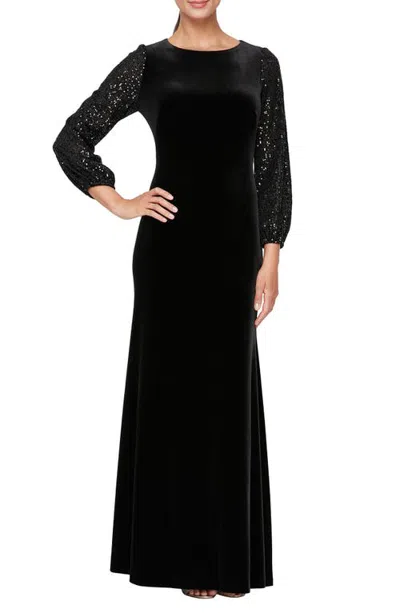 Alex Evenings Sequin Detail Long Sleeve Velvet Gown In Black