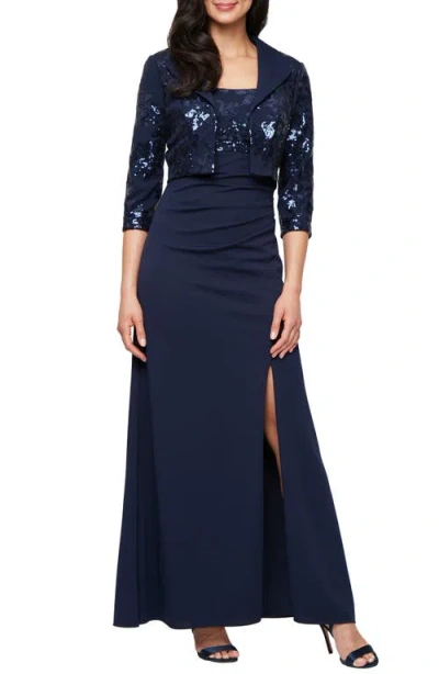 Alex Evenings Sequin Detail Sleeveless Scuba Crepe Gown With Sequin Bolero Jacket In Blue