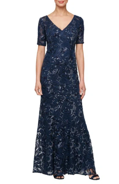 Alex Evenings Sequin Embroidered A-line Gown In Navy