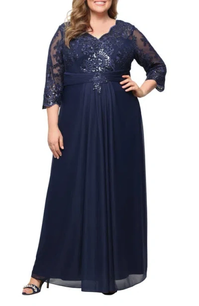 Alex Evenings Sequin Embroidered Chiffon Gown In Blue