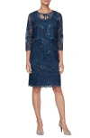 Alex Evenings Sequin Embroidered Floral Sleeveless Sheath Dress With Jacket In Blue