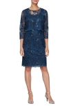 Alex Evenings Sequin Embroidered Floral Sleeveless Sheath Dress With Jacket In Navy