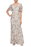 ALEX EVENINGS SEQUIN EMBROIDERED FLUTTER SLEEVE SHEATH GOWN