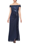 Alex Evenings Sequin Embroidered Lace Gown In Navy