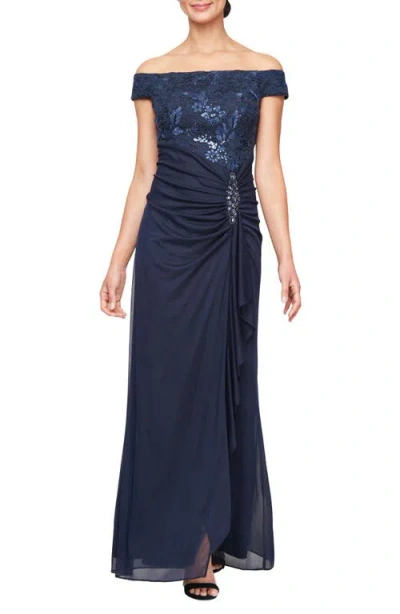 Alex Evenings Sequin Embroidered Lace Gown In Navy