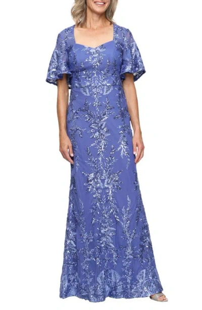 Alex Evenings Sequin Embroidered Mesh Gown In Blue