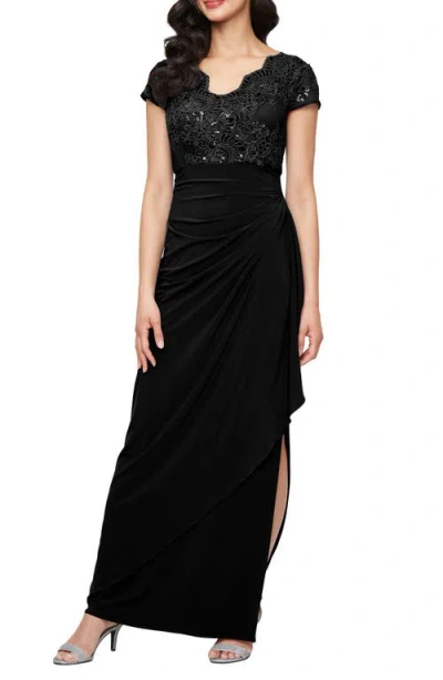 Alex Evenings Sequin Embroidered Ruched Gown In Black