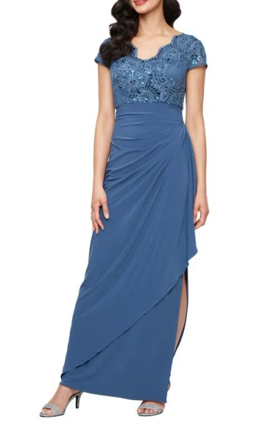 Alex Evenings Sequin Embroidered Ruched Gown In Blue