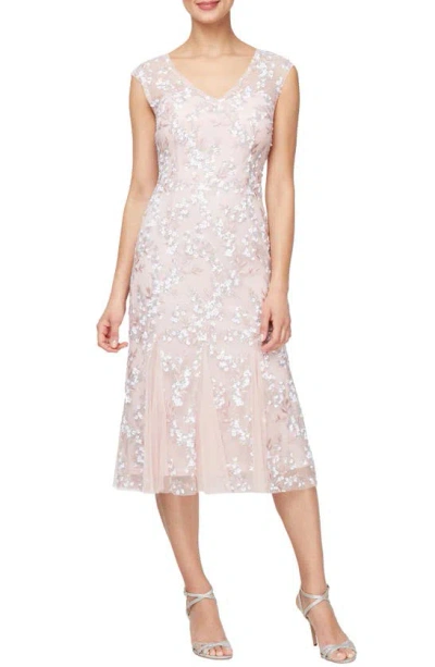 Alex Evenings Sequin Embroidered V-neck Midi A-line Dress In Shell Pink