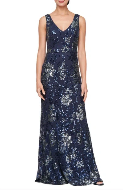 Alex Evenings Sequin Floral A-line Gown In Navy