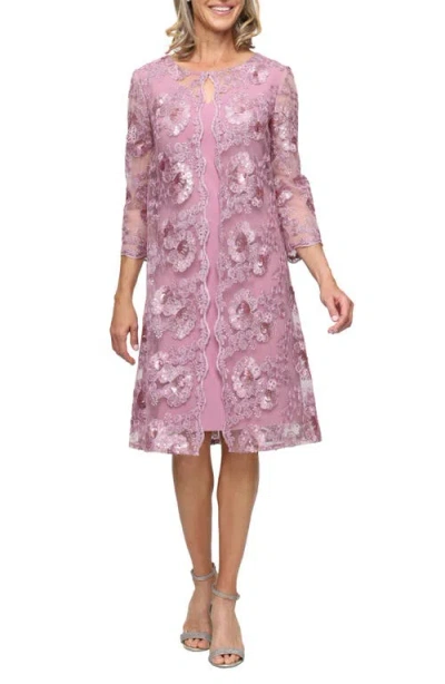 Alex Evenings Sequin Floral Embroidery Mock Jacket Cocktail Dress In Pink