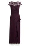 Alex Evenings Sequin Floral Mixed Media A-line Gown In Eggplant