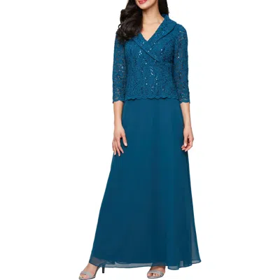 Alex Evenings Sequin Lace & Chiffon Cocktail Dress In Blue
